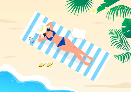 A woman sunbathing on the beach.のイラスト素材