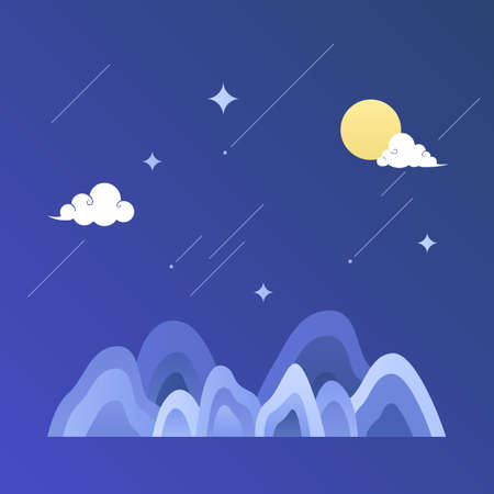 Vector illustration of the full moon and mountains in the night sky.のイラスト素材