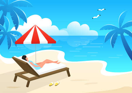 A woman sunbathing on the beach.のイラスト素材