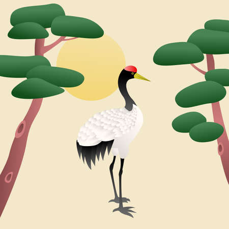 Vector illustration of a red-crowned crane and pine trees.のイラスト素材