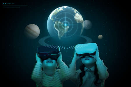 person wearing VR gadget, neon dark graphic in virtual reality concept