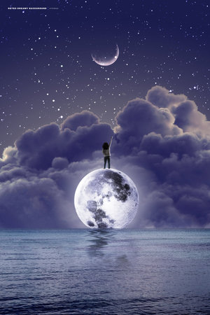 fantastical, magical, dreamy vintage poster with purple sky and child