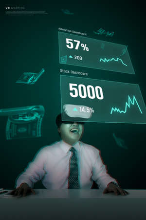 person wearing VR gadget, neon dark graphic in virtual reality concept