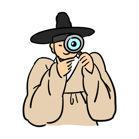 Seonbi, Korean scholar with Hanbok with magnifying glassのイラスト素材