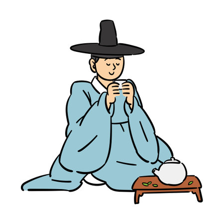 Seonbi, Korean scholar with Hanbok holding Boseong Green Teaのイラスト素材