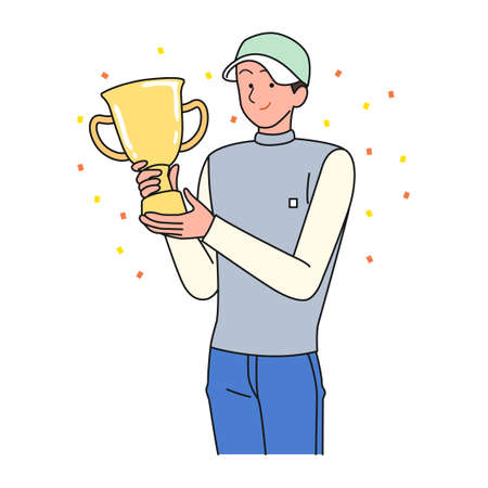 male golfer with cap holding trophyのイラスト素材
