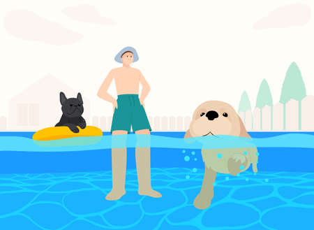 man swimming with dogs in the pool, happy life with pet conceptのイラスト素材