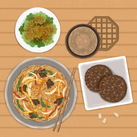 famous Korean food, Japchae and Tteokgalbi, gilled short rib pattiesのイラスト素材