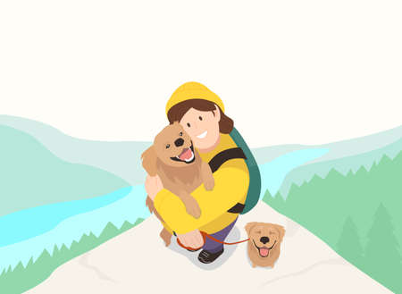 woman climbing, trekking with dog and taking a selfie, happy life with pet conceptのイラスト素材