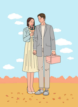 couple holding hands, posing for a picture in autumnのイラスト素材