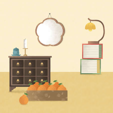Korean traditional objects and background design for thanksgiving Chuseok and Seonal New Years dayのイラスト素材