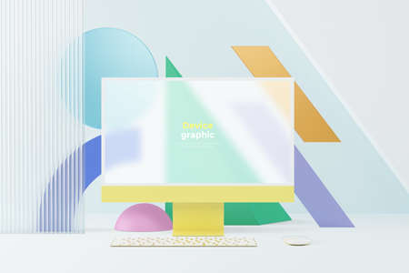 3D rendered monitor mock up in graphic backgroundの写真素材