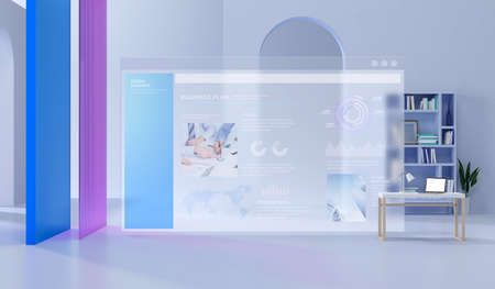 3D rendered screen mock up, room with desk and bookcase