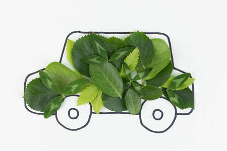 eco life, green leaves on car drawingの写真素材