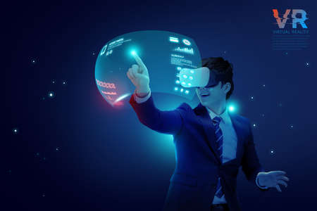 Asian man in suit enjoying VR virtual reality, 3d rendered graphic