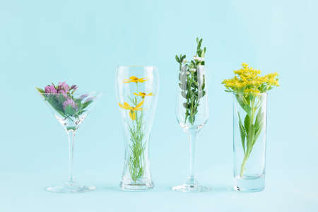 wildflowers in various glass cupsの写真素材