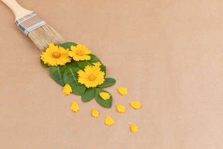 paintbrush, painted with leaves and flowersの写真素材