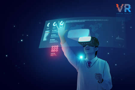 Asian male student enjoying VR virtual reality, 3d rendered graphic