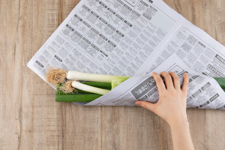 a green onion wrapped in newspapersの写真素材