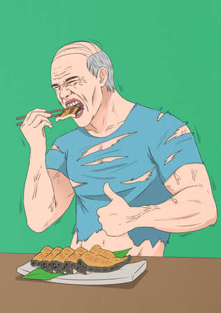 summer foods in Korea, man eating grilled eelのイラスト素材