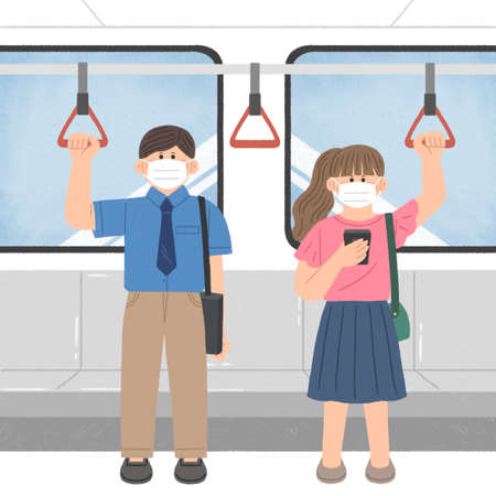 man and woman with mask on way to work by subwayのイラスト素材