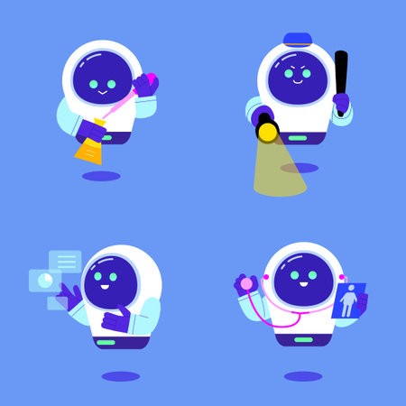 artificial intelligence android robot character set with various motions and feelingsのイラスト素材