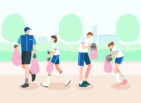 students plogging in the parkのイラスト素材