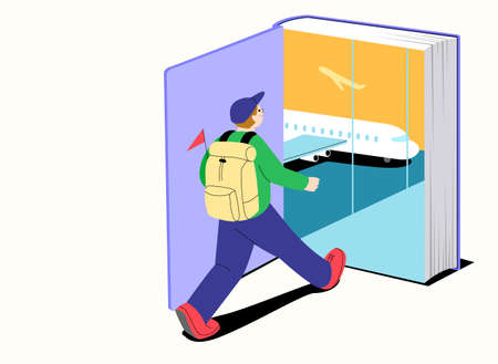 travel book genre, man on plane with backpackのイラスト素材