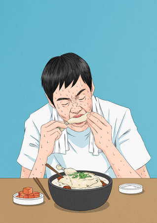 summer foods in Korea, man eating Samgyetang, Korean chicken soupのイラスト素材