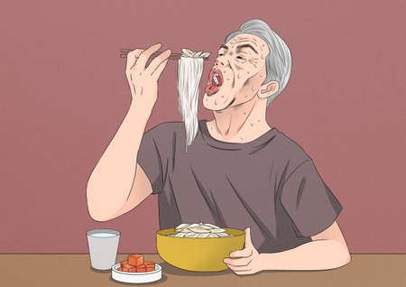 summer foods in Korea, man eating Chogye chicken noodle soupのイラスト素材