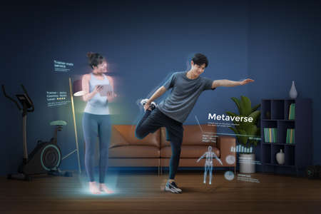 home fitness training of Asian woman and man through AR in metaverse