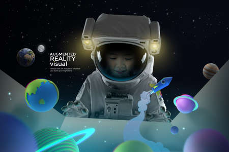 Asian boy child space experience, AR augmented reality educationの写真素材