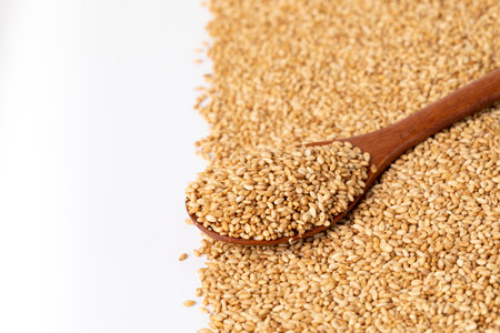 sesame seed background with wood spoonの写真素材