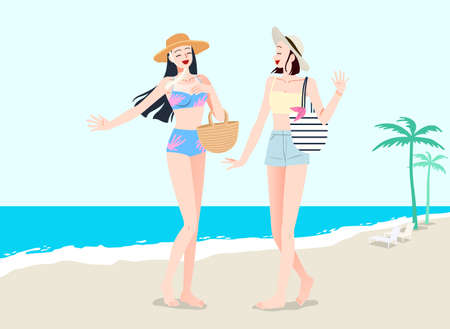 summer vacation, girl friends having fun at beachのイラスト素材