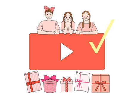 SNS online video subscribe event, characters with giftboxesのイラスト素材