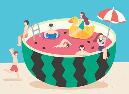 people enjoying summer life, eating huge watermelonのイラスト素材