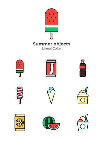 summer ice cream, drinks, fruits object line icon seriesのイラスト素材