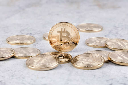 piled, spread bitcoin object, cryptocurrency conceptの写真素材