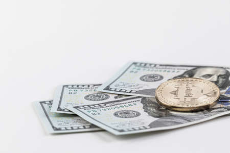 bitcoin object on US dollars, cryptocurrency conceptの写真素材