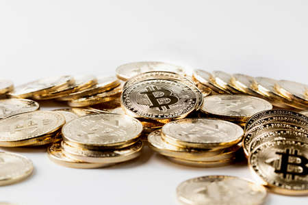 piled, spread bitcoin object, cryptocurrency concept