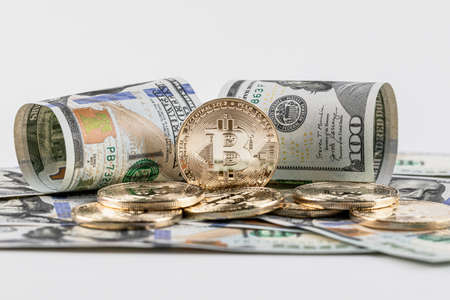 bitcoin object on US dollars, cryptocurrency concept