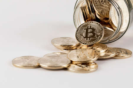 bitcoin filled in glass bottleの写真素材
