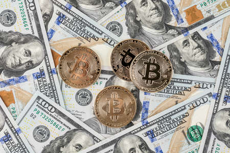 bitcoin object on US dollars, cryptocurrency concept