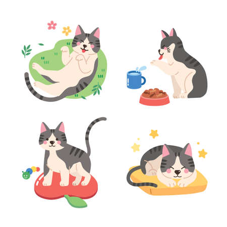 set of happy cute cat drawing in different motionsのイラスト素材