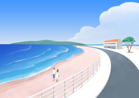 beach walk in summerのイラスト素材