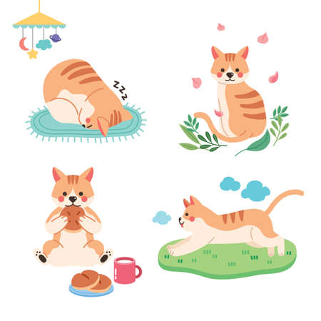 set of happy cute cat drawing in different motionsのイラスト素材