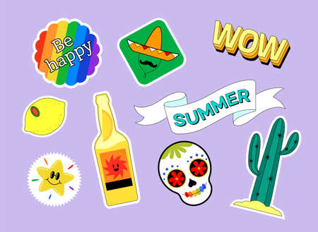 hip, fashionable retro colorful sticker setのイラスト素材