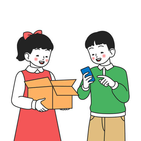 smiling girl and boy character mobile shopping conceptのイラスト素材