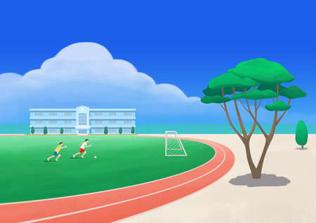 soccer play in school playground, summer illustrationのイラスト素材