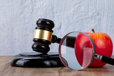 Crime and law - magnifying glass and red apple and gavelの写真素材